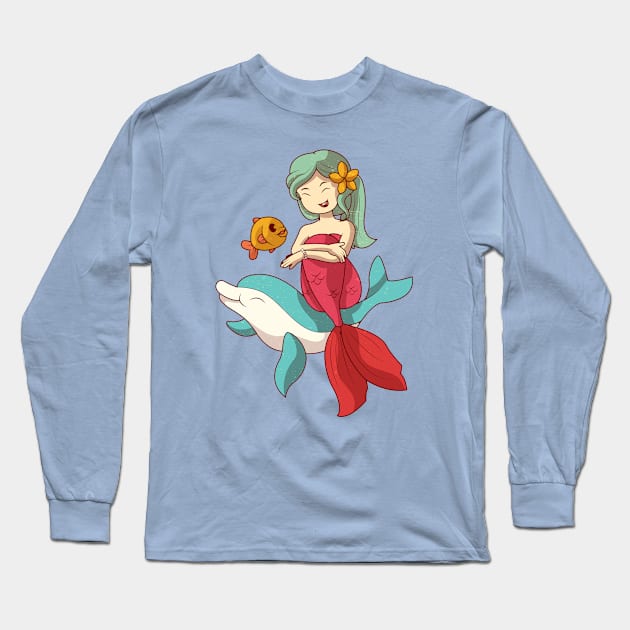 Beauty Mermain playing with Fish, Vintage Retro Style Long Sleeve T-Shirt by BoyOdachi